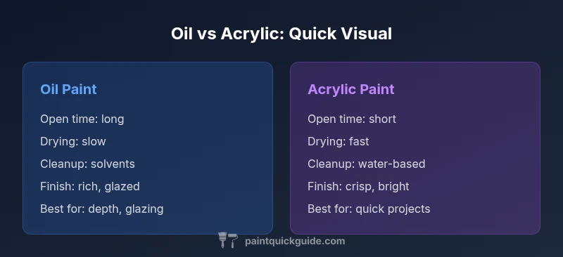 Infographic comparing oil paint and acrylic paint in terms of open time, drying, cleanup, and finish