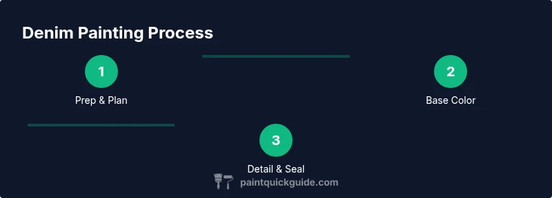 Infographic showing a three-step denim painting process: prep, base color, detail and seal